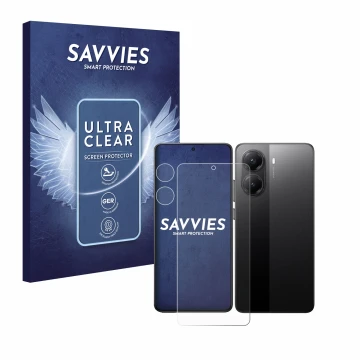 Face avant d’un emballage produit avec le logo de la marque Savvies. À côté, l’appareil Xiaomi Poco X7 Pro (Avant+Caméra) est 