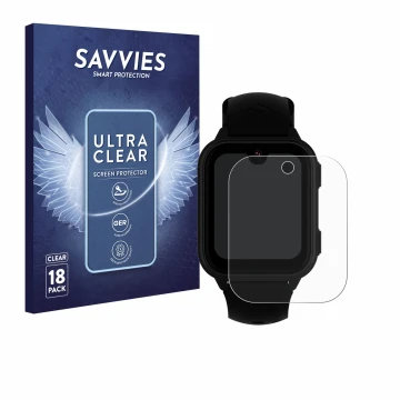 Face avant d’un emballage produit avec le logo de la marque Savvies. À côté, l’appareil Garett Kids Vibe 4G est représenté ave