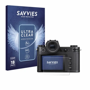 Face avant d’un emballage produit avec le logo de la marque Savvies. À côté, l’appareil Leica SL3-S est représenté avec la pro