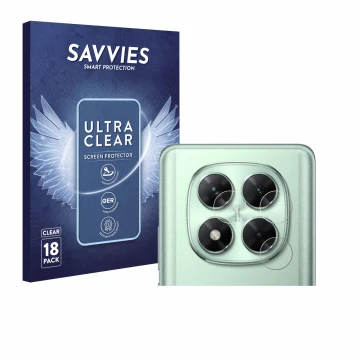 Face avant d’un emballage produit avec le logo de la marque Savvies. À côté, l’appareil Xiaomi Poco X7 (Caméra UNIQUEMENT) est