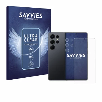 Face avant d’un emballage produit avec le logo de la marque Savvies. À côté, l’appareil Samsung Galaxy S25 Ultra (Avant+Caméra
