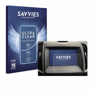 Face avant d’un emballage produit avec le logo de la marque Savvies. À côté, l’appareil Ford Galaxy Infotainment Sync 3 (2019)