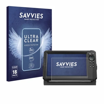 Face avant d’un emballage produit avec le logo de la marque Savvies. À côté, l’appareil Lowrance Eagle 9 est représenté avec l