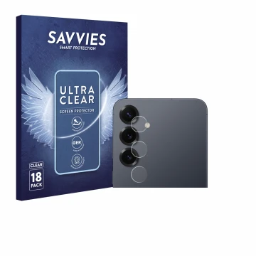 Face avant d’un emballage produit avec le logo de la marque Savvies. À côté, l’appareil Samsung Galaxy S25 Plus (Caméra UNIQUE