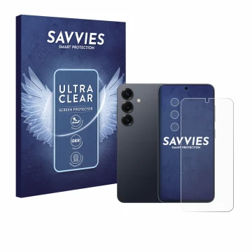Face avant d’un emballage produit avec le logo de la marque Savvies. À côté, l’appareil Samsung Galaxy S25 Plus (Avant+Caméra)