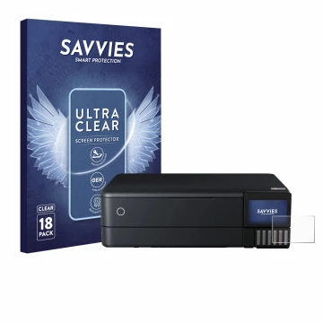 Face avant d’un emballage produit avec le logo de la marque Savvies. À côté, l’appareil Epson EcoTank ET-8550 est représenté a