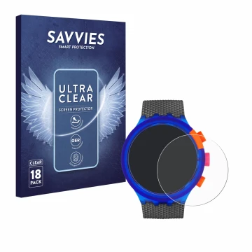Face avant d’un emballage produit avec le logo de la marque Savvies. À côté, l’appareil Swatch Neon Party est représenté avec 