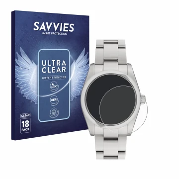 Face avant d’un emballage produit avec le logo de la marque Savvies. À côté, l’appareil Rolex Oyster Perpetual 34 est représen