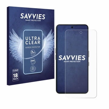 Face avant d’un emballage produit avec le logo de la marque Savvies. À côté, l’appareil Nothing Phone (3a) est représenté avec