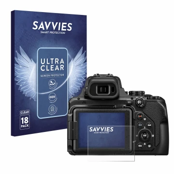 Face avant d’un emballage produit avec le logo de la marque Savvies. À côté, l’appareil Nikon Coolpix P1100 est représenté ave