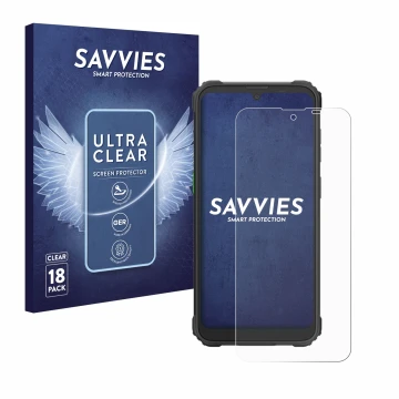 Face avant d’un emballage produit avec le logo de la marque Savvies. À côté, l’appareil Blackview BV5300 Plus est représenté a