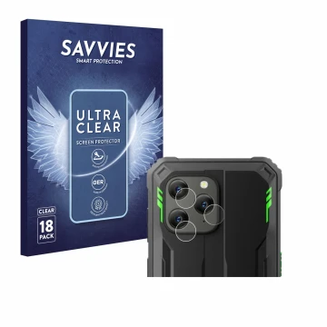 Face avant d’un emballage produit avec le logo de la marque Savvies. À côté, l’appareil Blackview BV5300 Plus (Caméra UNIQUEME