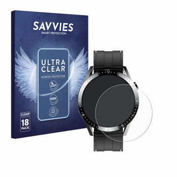 Face avant d’un emballage produit avec le logo de la marque Savvies. À côté, l’appareil Tracer Smartwatch SM9 est représenté a