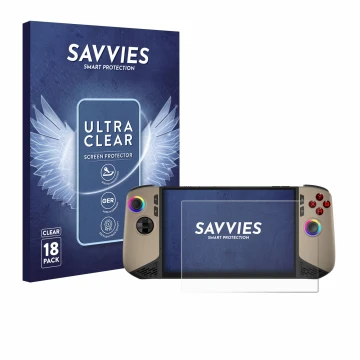 Face avant d’un emballage produit avec le logo de la marque Savvies. À côté, l’appareil MSI Claw 8 AI+ est représenté avec la 