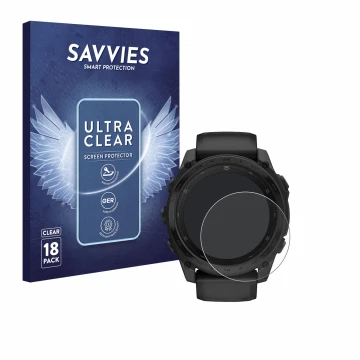 Face avant d’un emballage produit avec le logo de la marque Savvies. À côté, l’appareil Garmin Tactix 8 AMOLED (51 mm) est rep