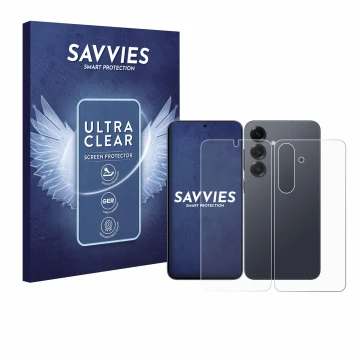 Face avant d’un emballage produit avec le logo de la marque Savvies. À côté, l’appareil Samsung Galaxy S25 Enterprise Edition 