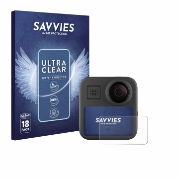 Face avant d’un emballage produit avec le logo de la marque Savvies. À côté, l’appareil GoPro Max (2025) est représenté avec l