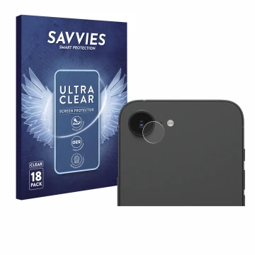 Face avant d’un emballage produit avec le logo de la marque Savvies. À côté, l’appareil Apple iPhone 16e (Caméra UNIQUEMENT) e