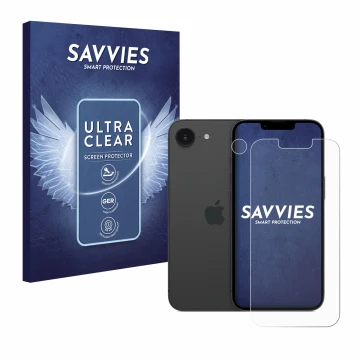 Face avant d’un emballage produit avec le logo de la marque Savvies. À côté, l’appareil Apple iPhone 16e (Avant+Caméra) est re