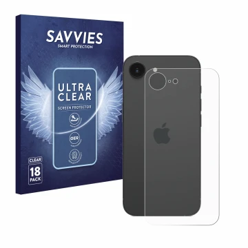 Face avant d’un emballage produit avec le logo de la marque Savvies. À côté, l’appareil Apple iPhone 16e (Arrière) est représe