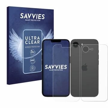 Face avant d’un emballage produit avec le logo de la marque Savvies. À côté, l’appareil Apple iPhone 16e (Avant+Arrière) est r
