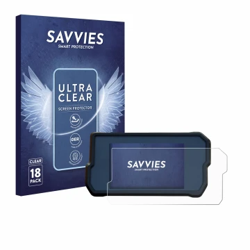 Face avant d’un emballage produit avec le logo de la marque Savvies. À côté, l’appareil KTM RC125 / RC390 2022+ est représenté