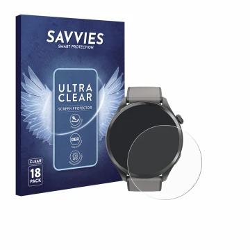 Face avant d’un emballage produit avec le logo de la marque Savvies. À côté, l’appareil Hama Smartwatch 9000 est représenté av