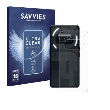 Face avant d’un emballage produit avec le logo de la marque Savvies. À côté, l’appareil Nothing Phone (3a) (Arrière) est repré