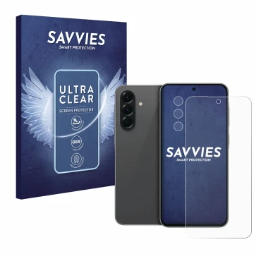 Face avant d’un emballage produit avec le logo de la marque Savvies. À côté, l’appareil Samsung Galaxy A56 5G (Avant+Caméra) e