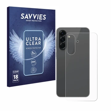 Face avant d’un emballage produit avec le logo de la marque Savvies. À côté, l’appareil Samsung Galaxy A56 5G (Arrière) est re