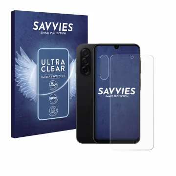 Face avant d’un emballage produit avec le logo de la marque Savvies. À côté, l’appareil Samsung Galaxy A26 5G (Avant+Caméra) e