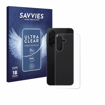 Face avant d’un emballage produit avec le logo de la marque Savvies. À côté, l’appareil Samsung Galaxy A26 5G (Arrière) est re