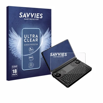 Face avant d’un emballage produit avec le logo de la marque Savvies. À côté, l’appareil GPD Win Mini (2025) est représenté ave