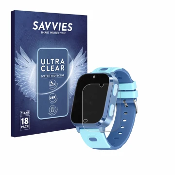 Face avant d’un emballage produit avec le logo de la marque Savvies. À côté, l’appareil Noctiluxia 4G Kids Smartwatch est repr