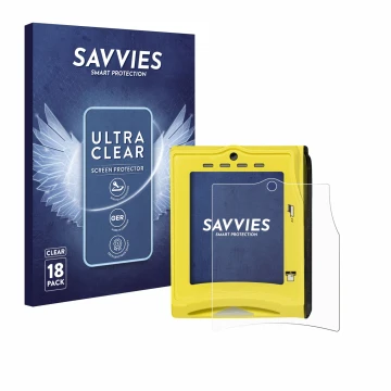 Face avant d’un emballage produit avec le logo de la marque Savvies. À côté, l’appareil Nayax VPOS TOUCH est représenté avec l