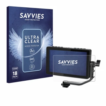 Face avant d’un emballage produit avec le logo de la marque Savvies. À côté, l’appareil Feelworld F5 PROX 5,5