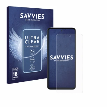 Face avant d’un emballage produit avec le logo de la marque Savvies. À côté, l’appareil realme 14 est représenté avec la prote