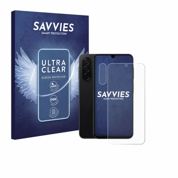 Face avant d’un emballage produit avec le logo de la marque Savvies. À côté, l’appareil Samsung Galaxy A26 5G Enterprise Editi