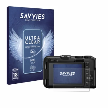 Face avant d’un emballage produit avec le logo de la marque Savvies. À côté, l’appareil Canon EOS R50 V est représenté avec la