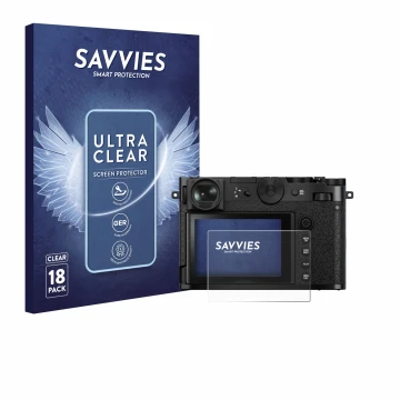 Face avant d’un emballage produit avec le logo de la marque Savvies. À côté, l’appareil Fujifilm GFX 100RF est représenté avec