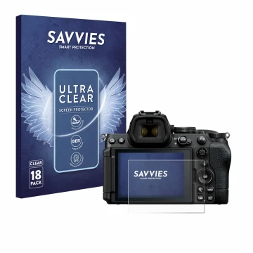 Face avant d’un emballage produit avec le logo de la marque Savvies. À côté, l’appareil Nikon Z5 II est représenté avec la pro