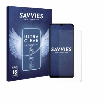 Face avant d’un emballage produit avec le logo de la marque Savvies. À côté, l’appareil Xiaomi Redmi A5 est représenté avec la