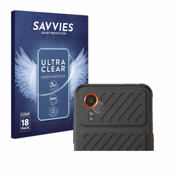 Face avant d’un emballage produit avec le logo de la marque Savvies. À côté, l’appareil Samsung Galaxy XCover 7 Enterprise Edi