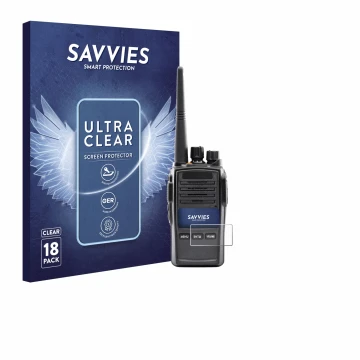 Face avant d’un emballage produit avec le logo de la marque Savvies. À côté, l’appareil Midland G18 Pro PMR est représenté ave