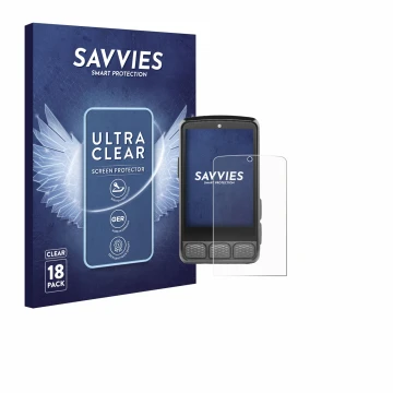 Face avant d’un emballage produit avec le logo de la marque Savvies. À côté, l’appareil Wahoo Elemnt Roam V3 est représenté av