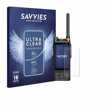 Face avant d’un emballage produit avec le logo de la marque Savvies. À côté, l’appareil Hytera PDC680 est représenté avec la p