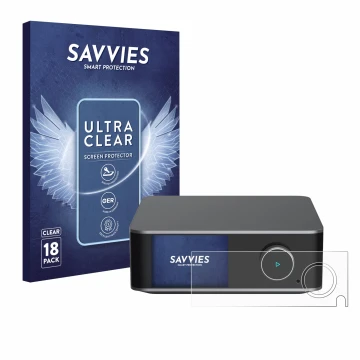 Face avant d’un emballage produit avec le logo de la marque Savvies. À côté, l’appareil WiiM Ultra est représenté avec la prot