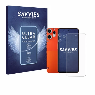 Face avant d’un emballage produit avec le logo de la marque Savvies. À côté, l’appareil Nothing CMF Phone 2 Pro (Avant+Caméra)