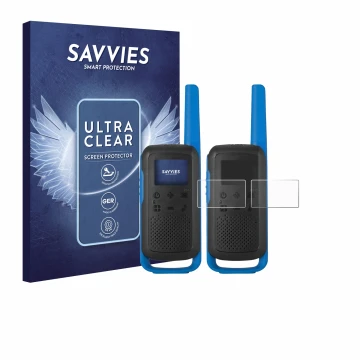 Face avant d’un emballage produit avec le logo de la marque Savvies. À côté, l’appareil Motorola TALKABOUT T62 est représenté 