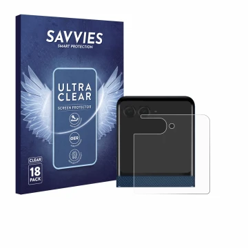 Face avant d’un emballage produit avec le logo de la marque Savvies. À côté, l’appareil Motorola Razr 60 (Affichage arrière) e